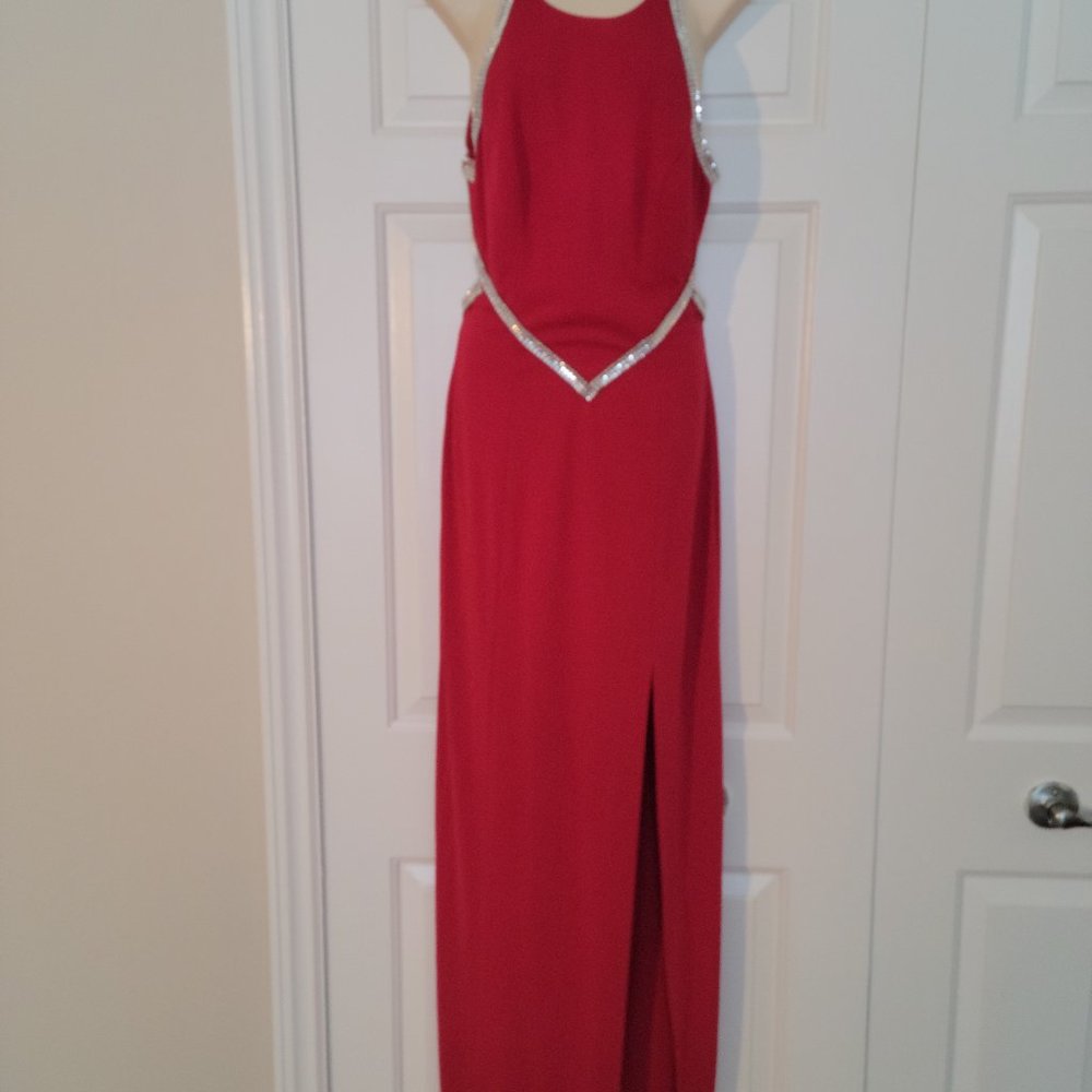 Faviana Red Rhinestone Backless Slit Formal Dress Size  7/8